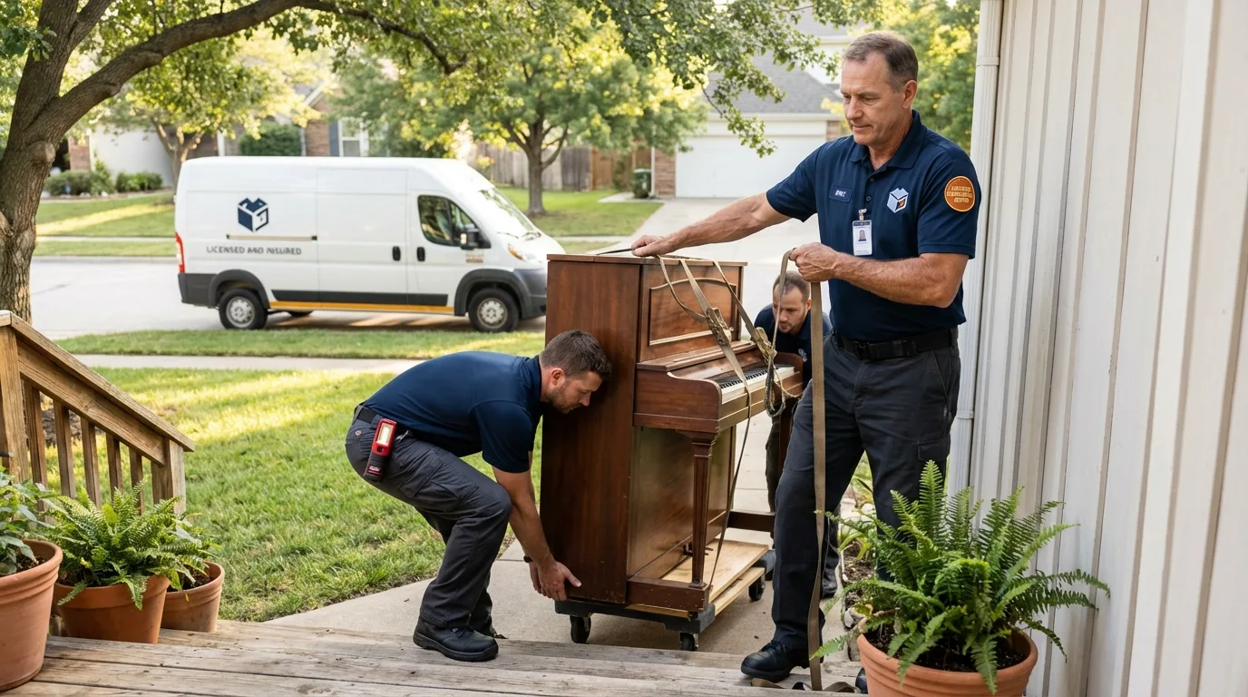 Licensed piano movers securing grand piano in Lanesborough, MA