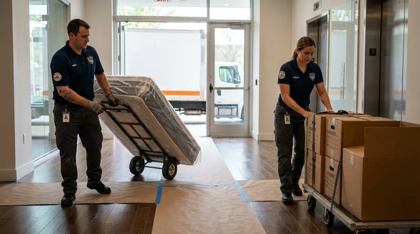 Professional apartment movers loading elevator in Lanesborough, MA
