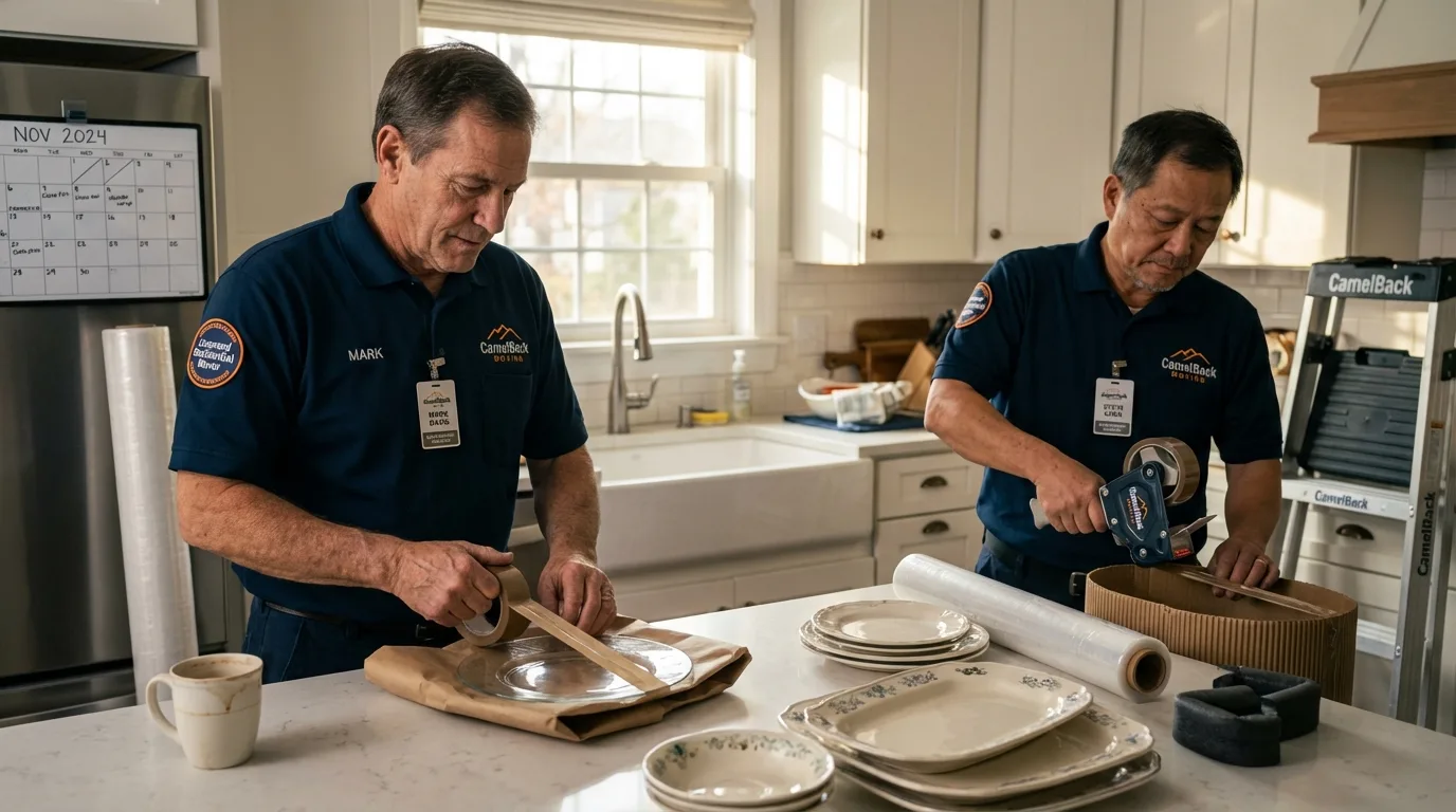Professional crew packing kitchen dishware in Lanesborough, MA